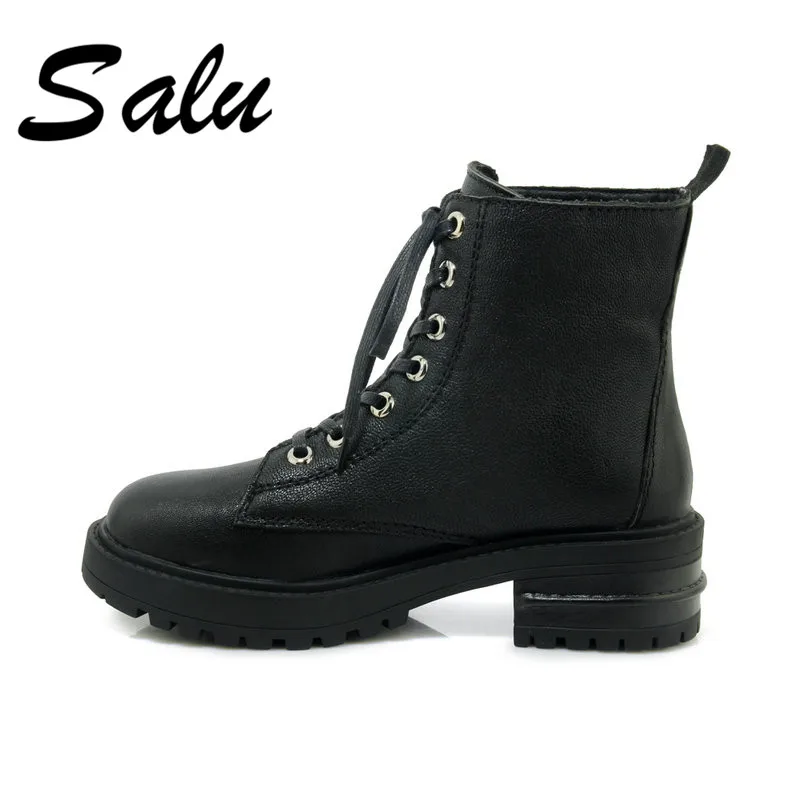 

Salu 2018 Fashion Women Ankle Boots Autumn Winter Warm High Heels Shoes Woman Genuine Leather lace up Martin Boots