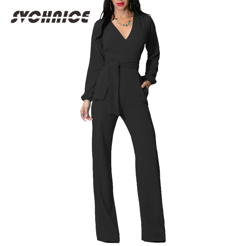 Long Sleeve Jumpsuits For Women 2018 Elegant Rompers Ladies Wide Leg