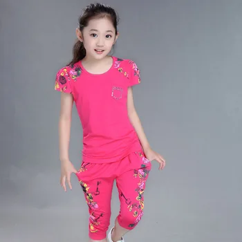 Children Clothing Sets Summer Girls Sports Suit Cotton Print Short Sleeve T-shirt+Pants 2Pcs Girls Clothes 4 6 8 10 12 13 Years 2
