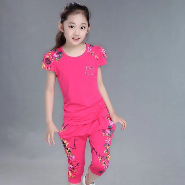 Children Clothing Sets Summer Girls Sports Suit Cotton Print Short Sleeve T-shirt+Pants 2Pcs Girls Clothes 4 6 8 10 12 13 Years 2