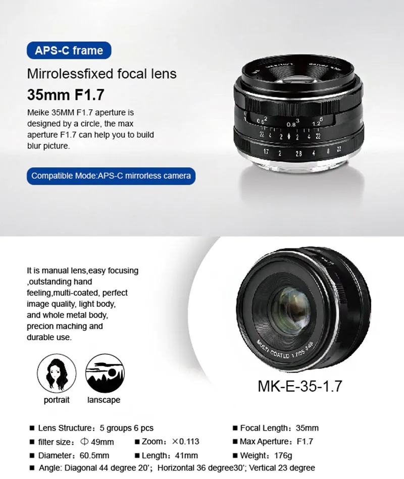 Mcoplus Meike 35 мм f1.7 Prime объектив с фиксированным ручным фокусом с большой апертурой для Canon EF-M крепление беззеркальных APS-C EOS камера M1 M2 M3