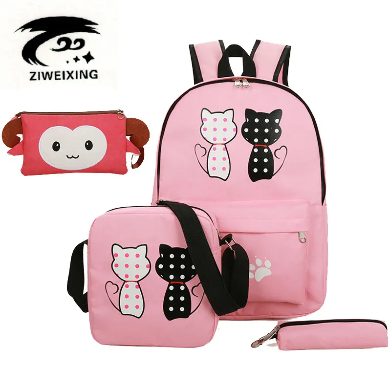 Cute Cat Backpacks For Teenagers School Bag For Girls 4set Green Canvas ...