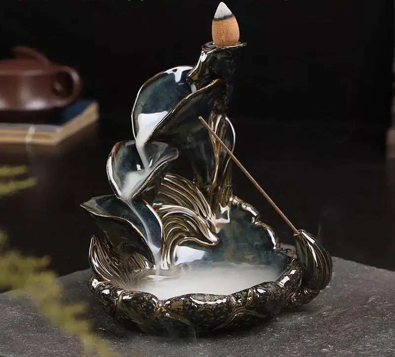 Colored Glazed Ceramic Backflow Incense Holder Burner "Lotus Leaf Falls