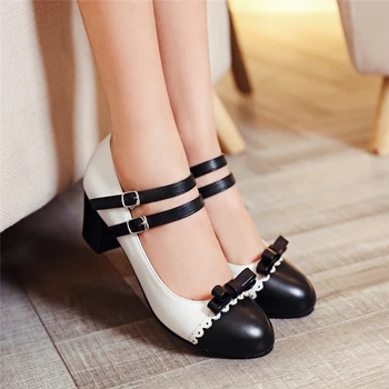 

KarinLuna 2019 big Size 31-48 Yellow Blue Mary Janes Square Heels Women Shoes Woman Pink Black Sweet Bowtie Girls Date Pumps