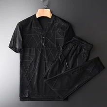 Minglu геометрический узор мужские наборы для ухода за кожей плюс размеры 4XL Лето V воротник короткий рукав мужские наборы роскошные спортивные
