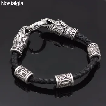 

Nostalgia Odins Raven Leather Viking Bracelet Accesorios Vikingos Scandinavian Runic Rune Bead Custom Norse Jewelry