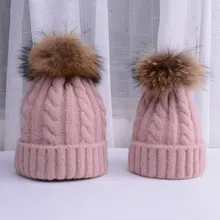 Зимняя шапка Skullies шапочки Шапки зимние шапочки для Для женщин для мамы и для маленьких мальчиков девочек Детское хлопковое вечернее платье в горошек, 15F шляпа помпонами шляпа 2 шт