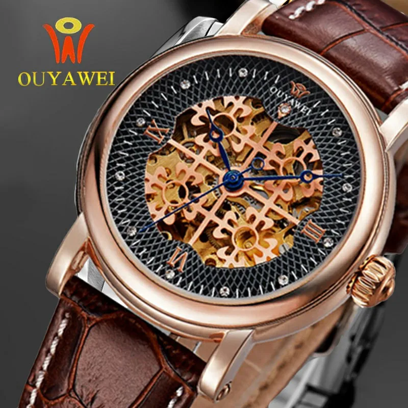 2018 новейший OUYAWEI скелет часы Топ бренд Luxurygold для женщин кожа механические