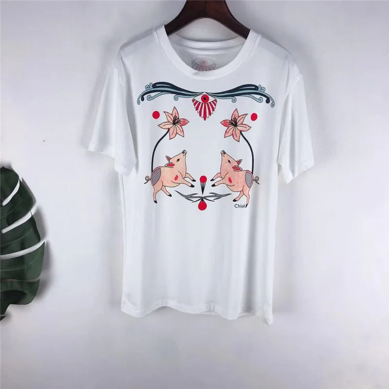 

Summer Women White T-Shirt Short-Sleeve Casual Cotton Piglet Flower Print Tee Girl SimpleTees Top harajuku