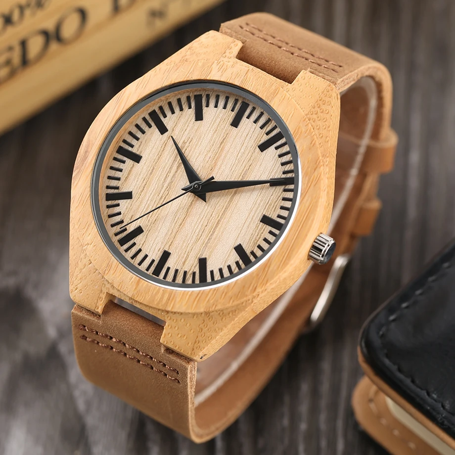 YISUYA Men Bamboo Watches Brown Natural Genuine Leather Strap Wooden Wrist Watch Quartz Clock Watch Casual for Women Best Gift (8)