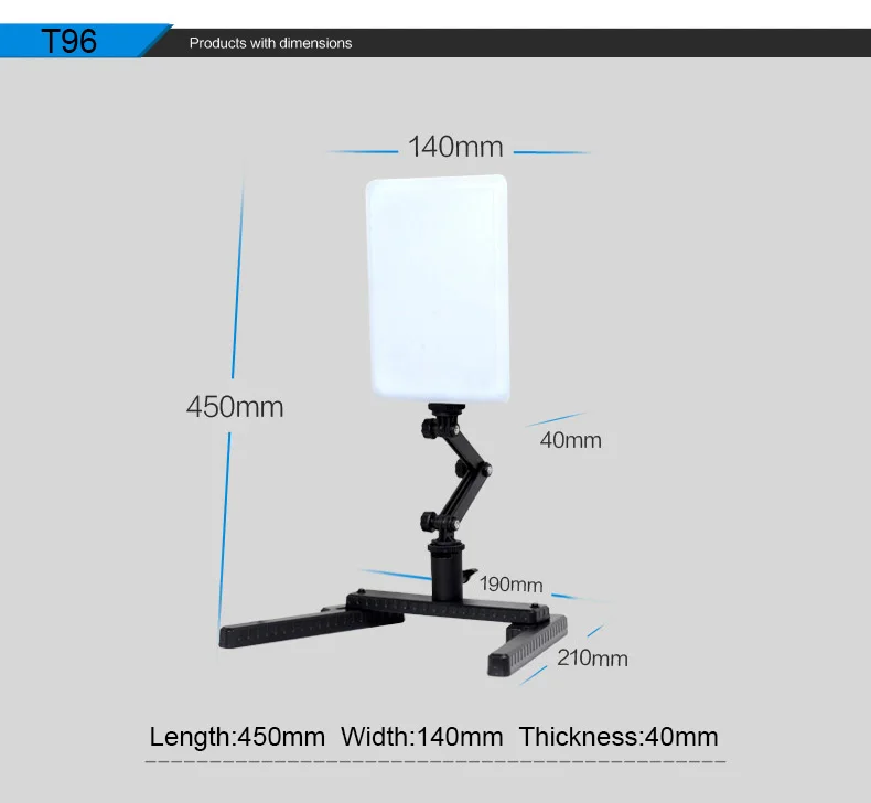T96 светодио дный фотографический свет ультра тонкий 5600 К Ra95 видео свет лампы с регулируемым руку и кронштейн Подставка для Камера телефон