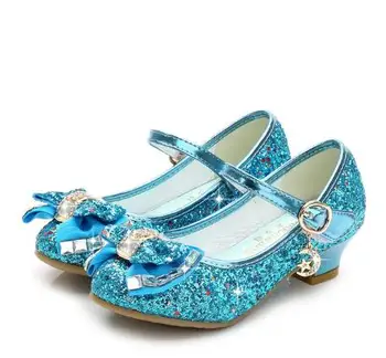 

New Princess Kids Leather Shoes For Girls Flower Casual Glitter Children High Heel Girls Shoes Butterfly Knot Blue Pink Silver