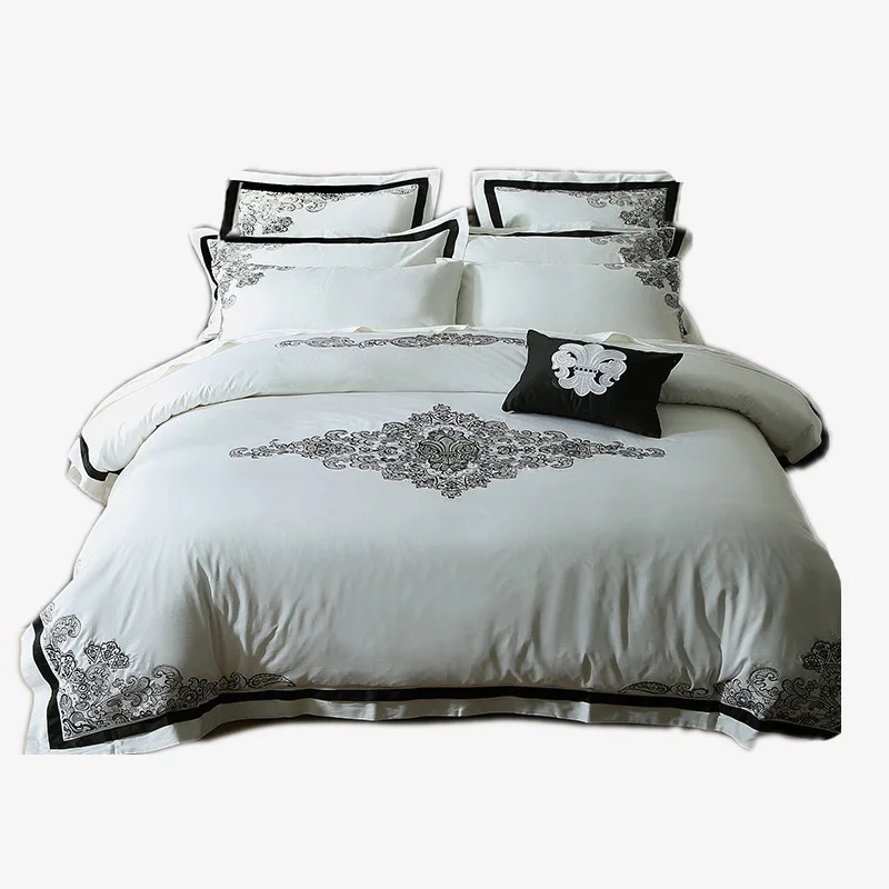 

egyptian cotton bedding set queen size luxury white jacquard duvet cover embroidered bedspread wedding decoration percale sheets
