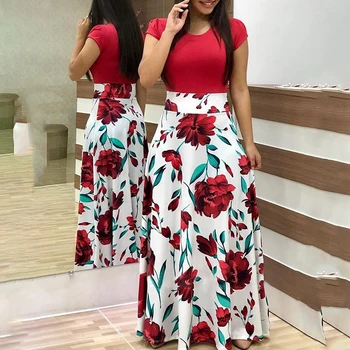 

Two Pieces Women Dress Short Sleeve Robe Long Flower Floral Dress Fashion Long Women New Female Summer Beautiful A-Line Dresses