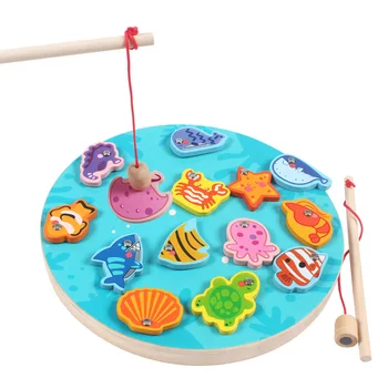 

Kids Kitten Fishing Game Wooden Toy Magnetic Fishing Toys 14Pcs Fish with Cards Fishing Multi-function Digitals Table Game Gift