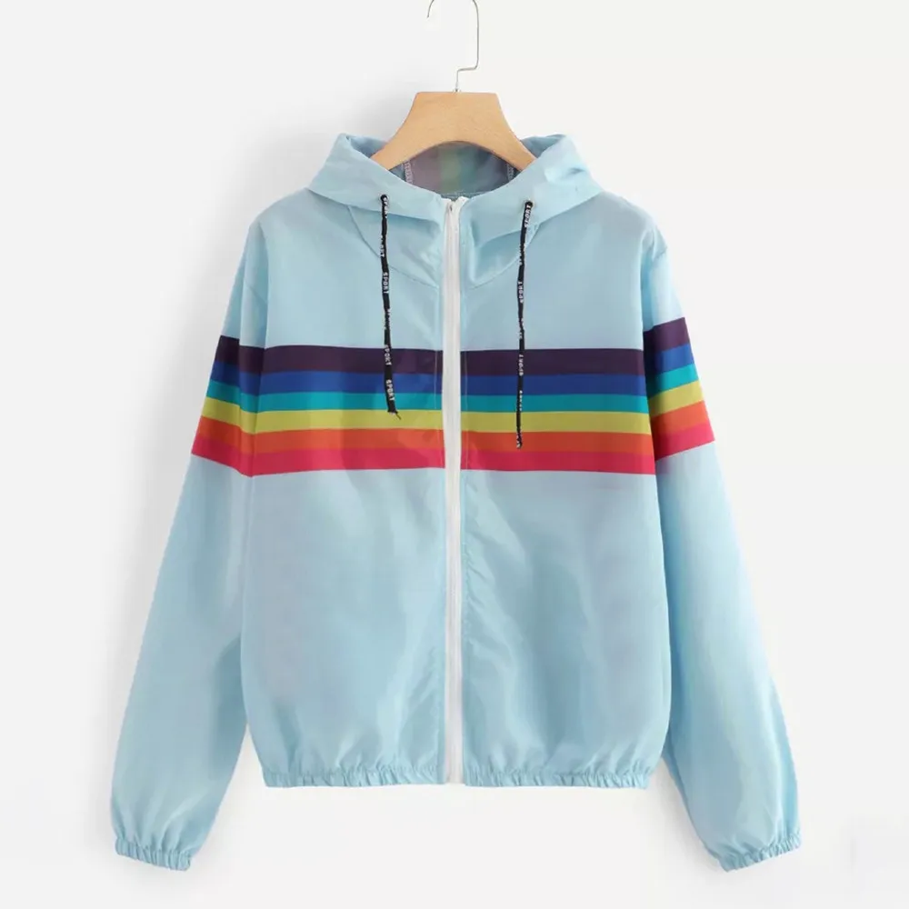 

fashion Women autumn Long Sleeve Rainbow Stripe Patchwork Hooded Sweatshirt Overcoat female casual tops manteau femme white pink