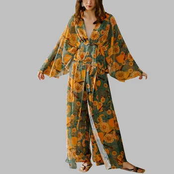 

HAMALIEL Summer Holiday Trousers Suit Women Sexy Batwing Sleeve Chiffon Floral Print Shirt Tops+ Beach Wide-Leg 2 PCS Pant Suits