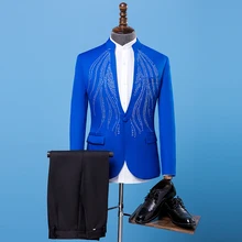 Новое поступление модный бренд Для мужчин костюмы пиджак с пайетками красные, синие фиолетовый свадебный этап куртка мужской смокинг певица китайский туника костюм