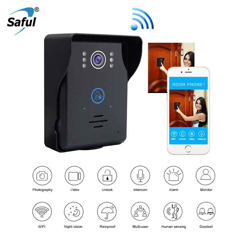 Saful Wifi Video Intercom System Night Vision Motion Detect Video Door phone Support Android & ios APP for home bell