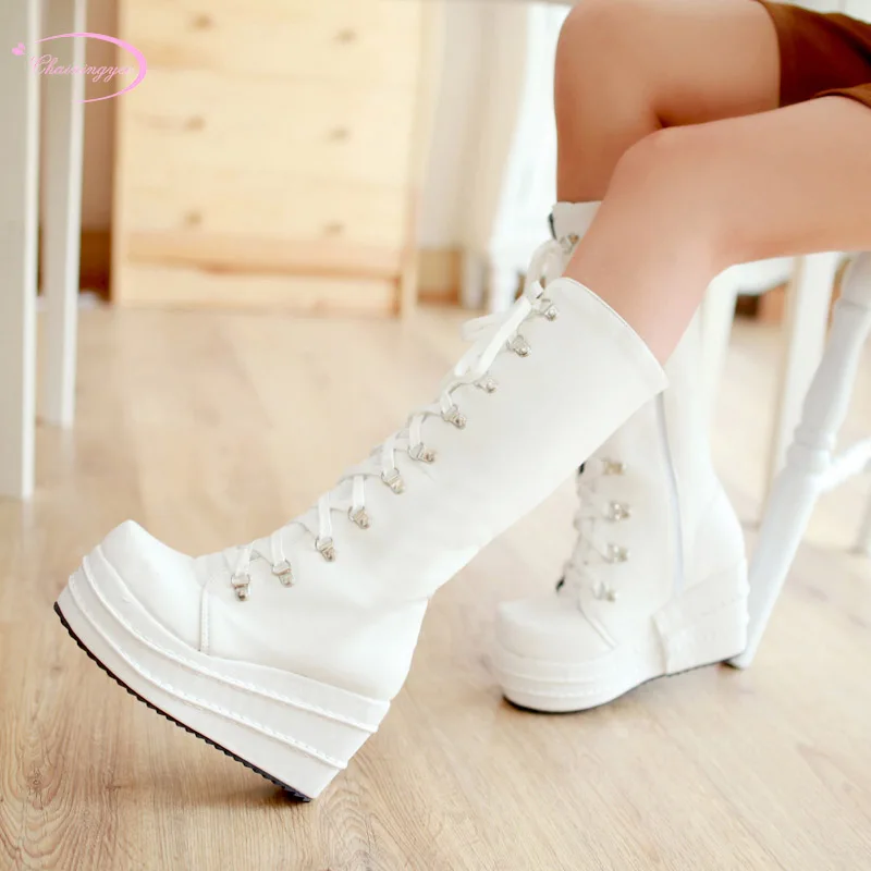 

British street style round head knee high boots lace-up rivets zipper waterproof high heel wedge riding boots women's shoes