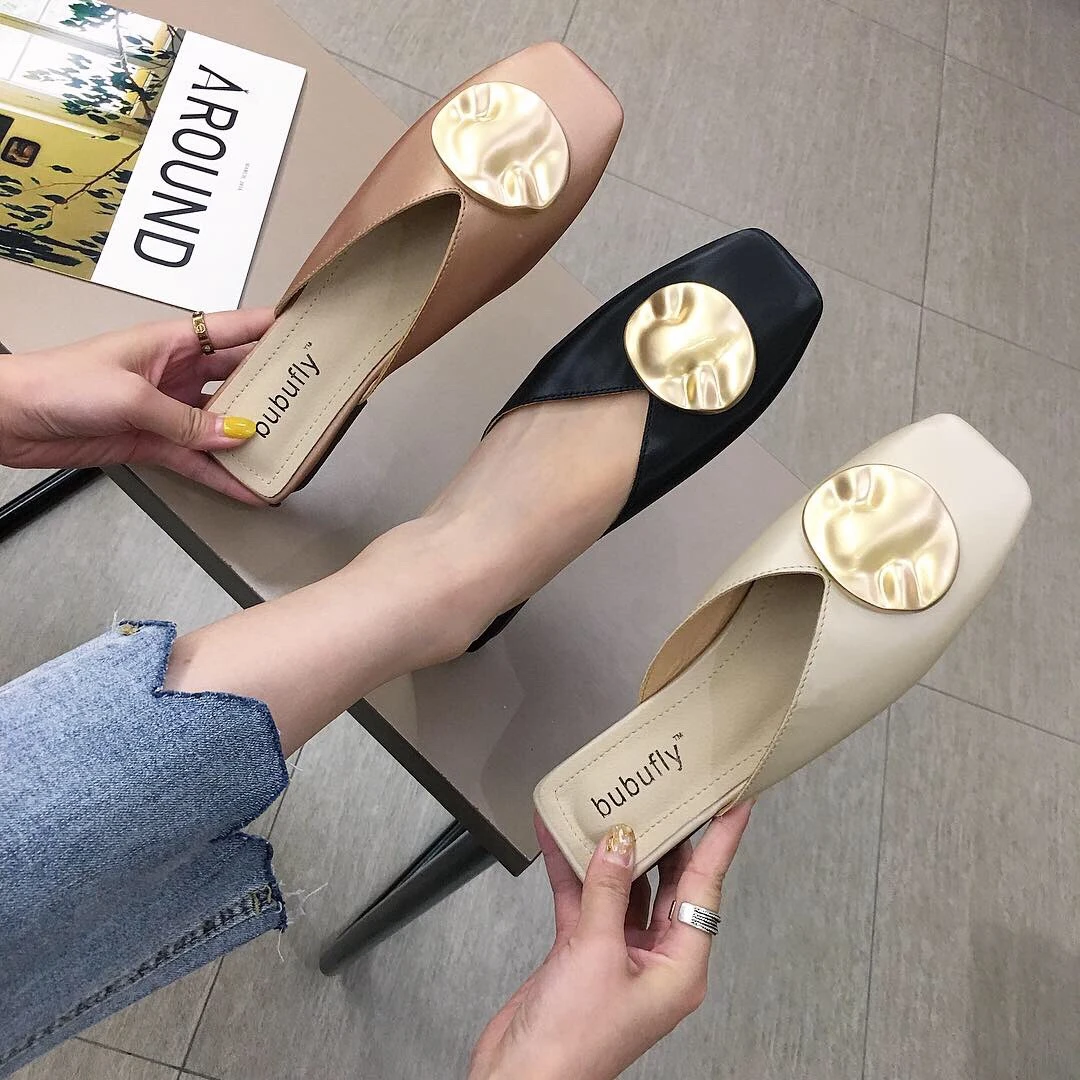 

Fashion Women Slippers Slip On Mules Shallow Flat Shoes Square Low Heel Woman Work Shoes Metal decoration Casual Slides Ladies