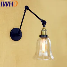IWHD Industrial Glass Swing Long Arm Wall Lamp Lighting Wandlampen LED Loft Vintage Wall Light Fixtures Sconce Lampara Pared iwhd vintage glass lampara pared creativeretro iron loft wall lamp black bedroom lighting stairs beside reading light fixture
