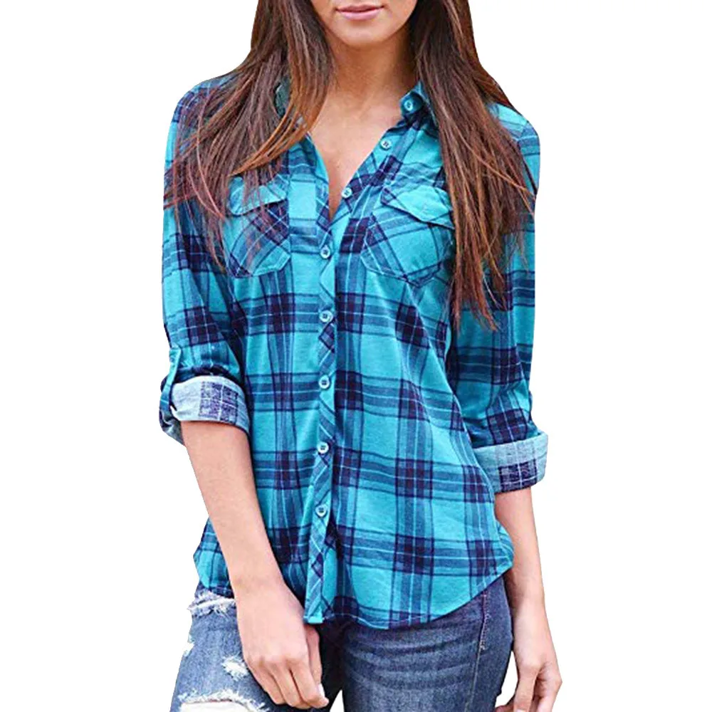 

Spring Autumn Fall Casual Ladies Women Casual Plaid Printed Long Sleeve Turn-Down Pockets BlouseTops Dynamic Blue Leisure Shirt