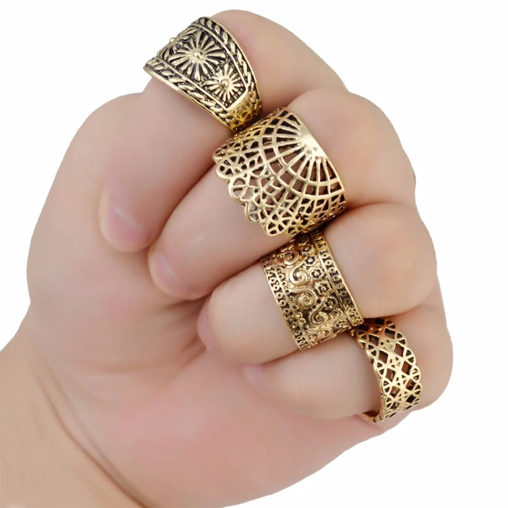 Idealway Women 4pcs/set Vintage Finger Ring Set Antique Gold Silver