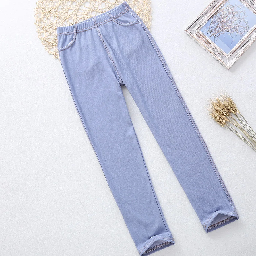 

Comfortable Girls Pencil knit Imitation denim fabric Jeans Kids Candy Color Mid Waist Full Length Pants Children Clothing