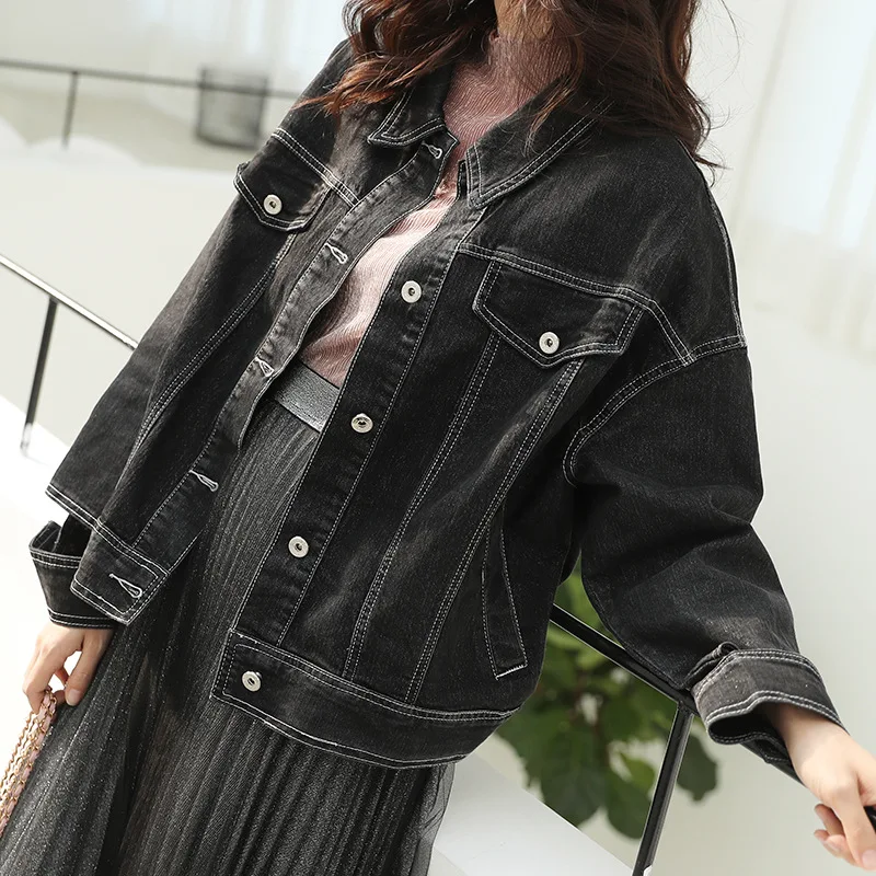Fashion Retro Turn-down Collar Biker Jean Jacket Women Spring Long Sleeve Basic Coat 2019 New Arrival Womens Black Denim Jacket