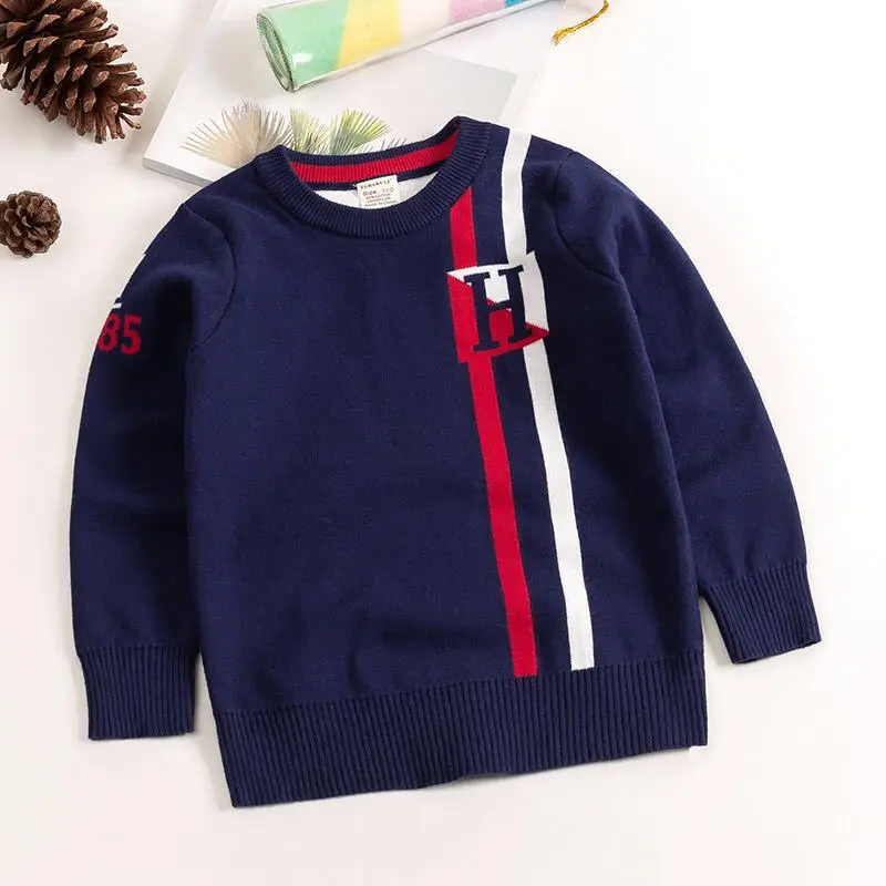 QAZIQILAND/осенне-весенний свитер для маленьких мальчиков; вязаная одежда для маленьких детей; Модный джемпер в клетку; пуловер с длинными рукавами; вязаный Топ - Цвет: Navy blue