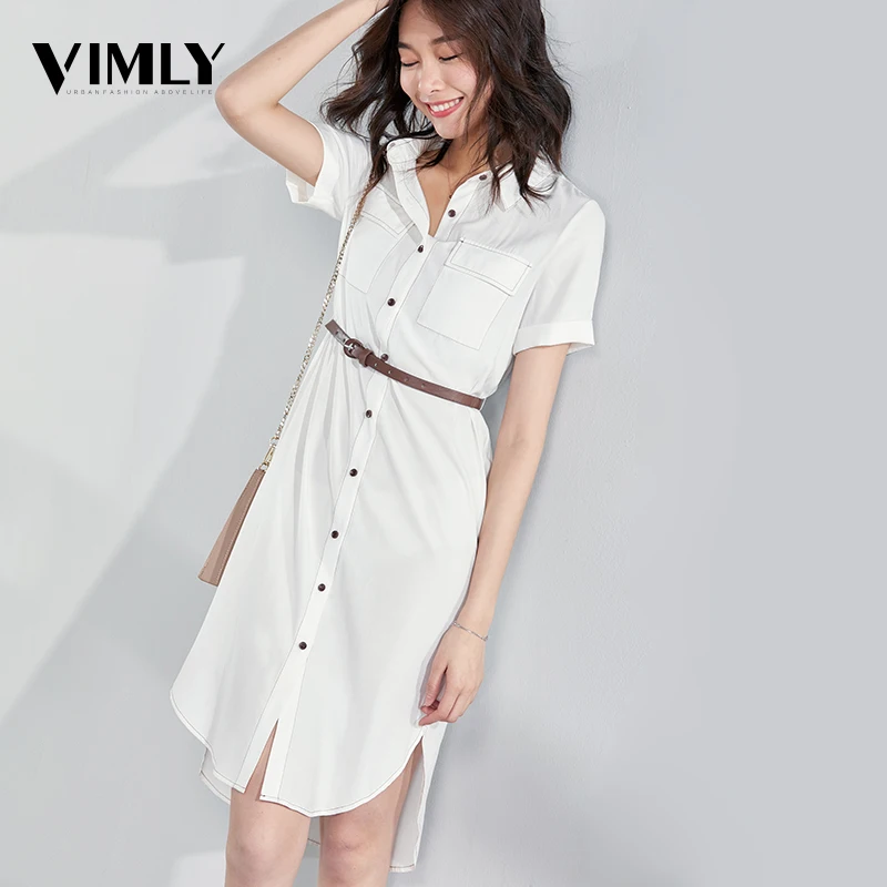 

Vimly Summer White Casual Dresses Women Short Sleeve Sundress Belted Solid Button Female Office Dress Pocket Elegant Style