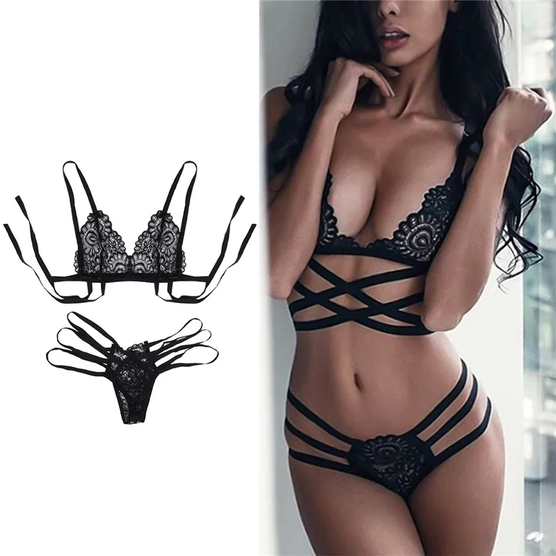 Women Sexy Lingerie Set Hot Erotic Sheer Lace Bra Set Transparent Cross Strap Open Bralette Panties Bikini G String Underwear PJ Women Sexy Lingerie Set Hot Erotic Sheer Lace Bra Set Transparent Cross Strap Open Bralette Panties Bikini G String Underwear PJ