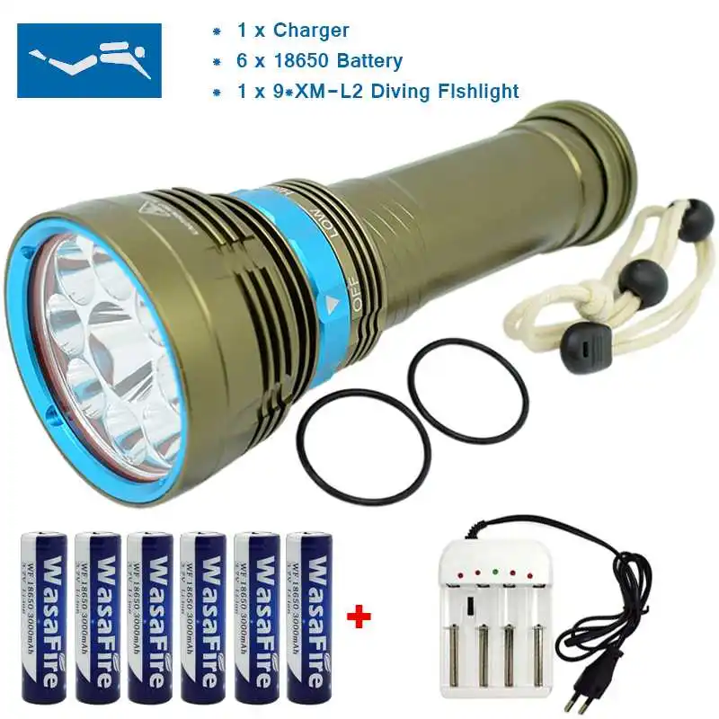 Goede 7x 9x XML L2 LED Duiken Zaklamp 18000 Lumen 3 modus 100 M Onderwater Waterdichte Torch Flash Lichten 18650 + Oplader