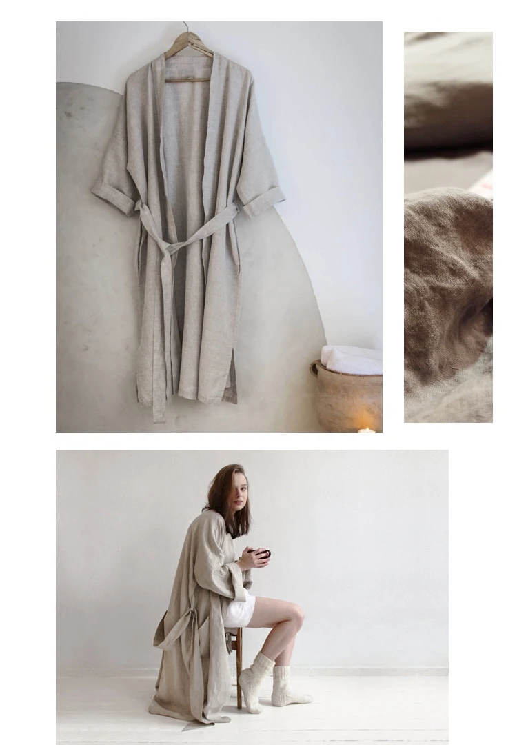 Women Sleepwear Robes Linen Pajamas.Breathable Shower Spa Linen Robe Night Bathrobes Sleep Nightgown Robe Dressing Gown.8 Colors