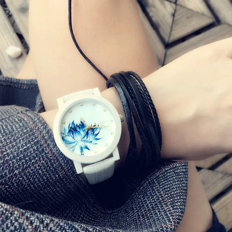 

lady gift Enmex artistic Lotus Bohemia style original design Watch and Cowhide Bracele Suit Graceful fashion quartz watche