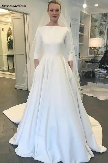 Элегантное простое свадебное платье 3/4, длинные рукава, пуговицы сзади, шлейф, трапециевидные Сатиновые свадебные платья, дешевые платья