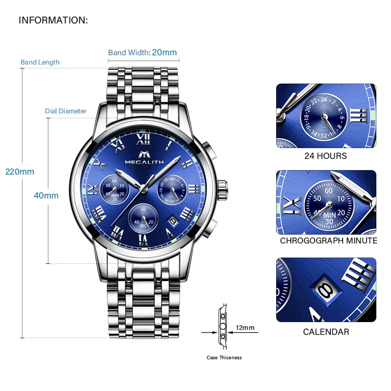 Роскошные мужские часы MEGALITH, водонепроницаемые аналоговые наручные часы с хронографом и датой для мужчин, кварцевые часы из нержавеющей стали, часы Relogio