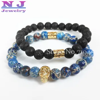 

2015 New Design Wholesale 10pcs/lot Mens Bracelet,Black Lava and Blue Sea Sediment Stone Bead Bracelet, 24K Gold Skull Bracelet