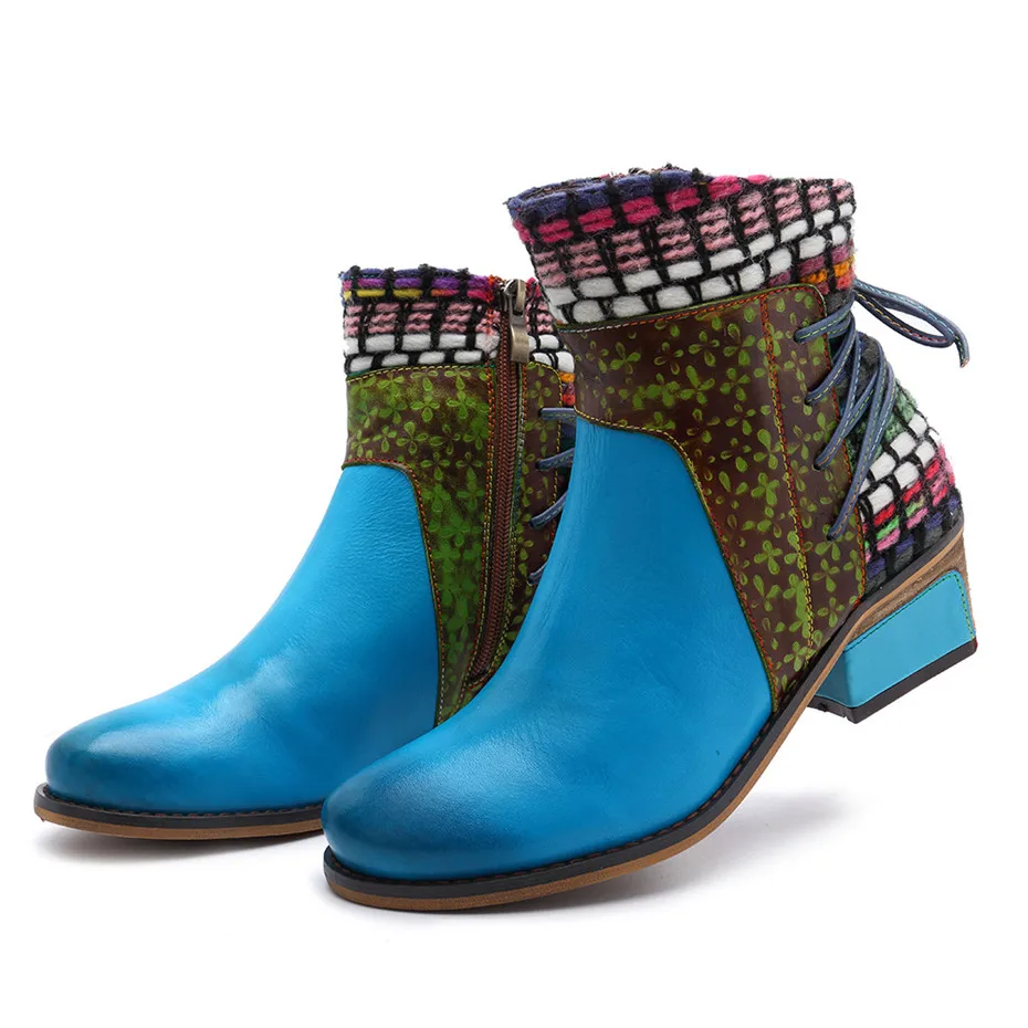 Retro Blue Ankle Boots For Women Spring Autumn Handmade Genuine Leather Shoes Woman Splicing Cowboy Western Boots Women Booties (15)