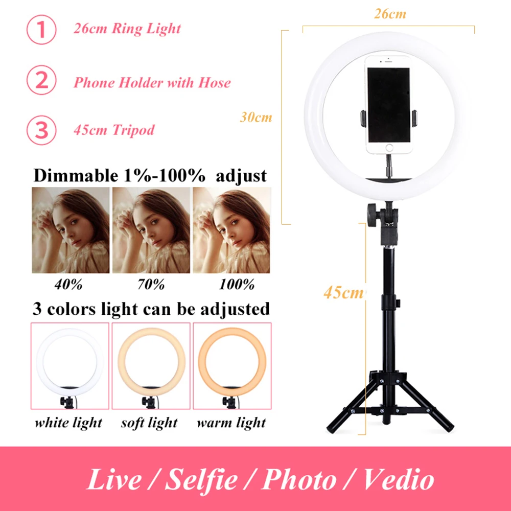

3200K-5600K LED Ring Light Photo Studio 10" Light Photography Dimmable Lighting Video for Smartphone with Tripod Phone Holder