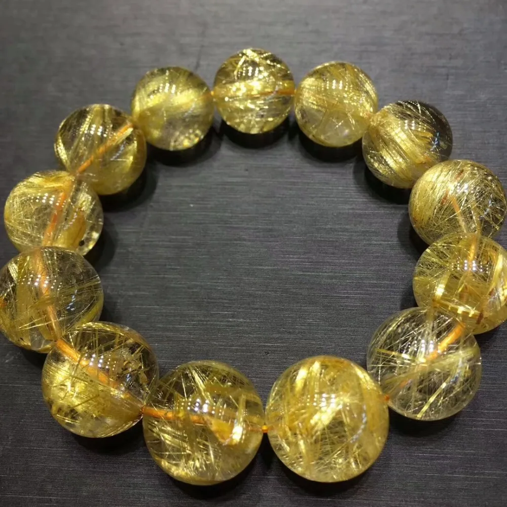 

100% Natural Gold Rutilated Titanium Quartz Big 17mm Round Beads Bracelet Brazil Women Men Crystal Stretch Certificate AAAAAA