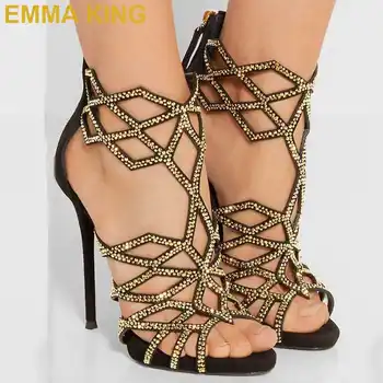 

Luxury Laser Gold Crystals Summer Women Gladiator Sandals High Heels Shoes Hollow Out Suede Leather Ladies Wedding Party Shoes
