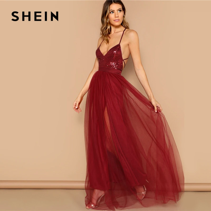 SHEIN Сексуальное Платье С Блестками И Открытой Спиной Нарядное Вечернее Платье Без Рукавов