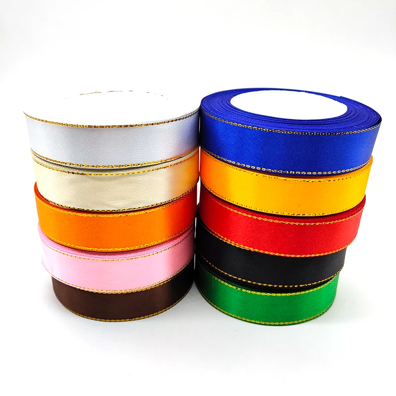 

Beatiful 25 yards/Pack Gold Line Satin Ribbon 20MM/Width Gift Packing Christmas Decoration Ribbons Fabric DIY Bow Craft Ribbon