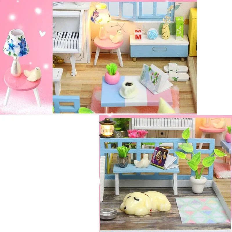DIY Miniature Art Style Piano Dollhouse Wooden Furniture LED Kits Kid Puzzle Toy