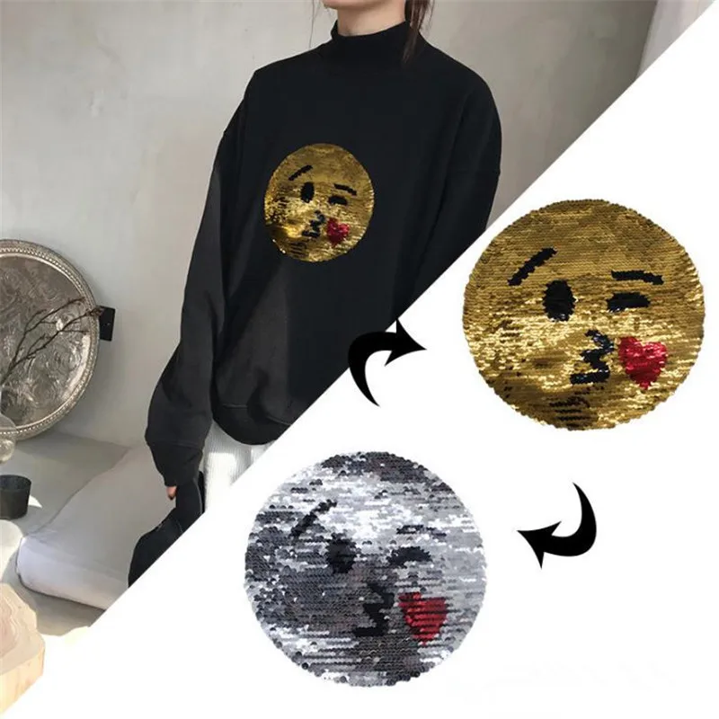 

Clothing women Sequin patches Reversible change color Fun Smile face Up and Down Flip Patch for clothes stranger things Stickers