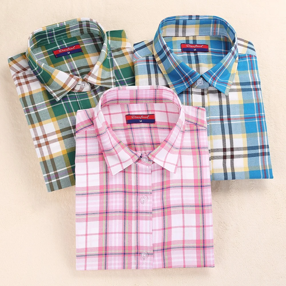 Женская рубашка в клетку с длинным рукавом и отложным воротником|blusas femininas|plaid