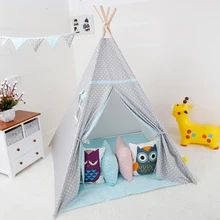 Princess Teepee Play Tent Large Handcraft Cotton Canvas Indoor Outdoor Kids Tipi Playhouse Boys Girls Baby Gift Grey-Blue Star blue grid teepee tent for kids boys tipi tent wigwam playhouse