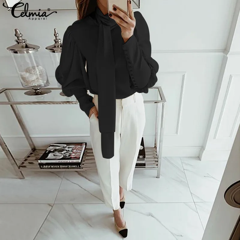 Women White Chiffon Blouses Celmia Ladies Turtleneck Long Lantern Sleeve Work Shirts Casual Long Ti